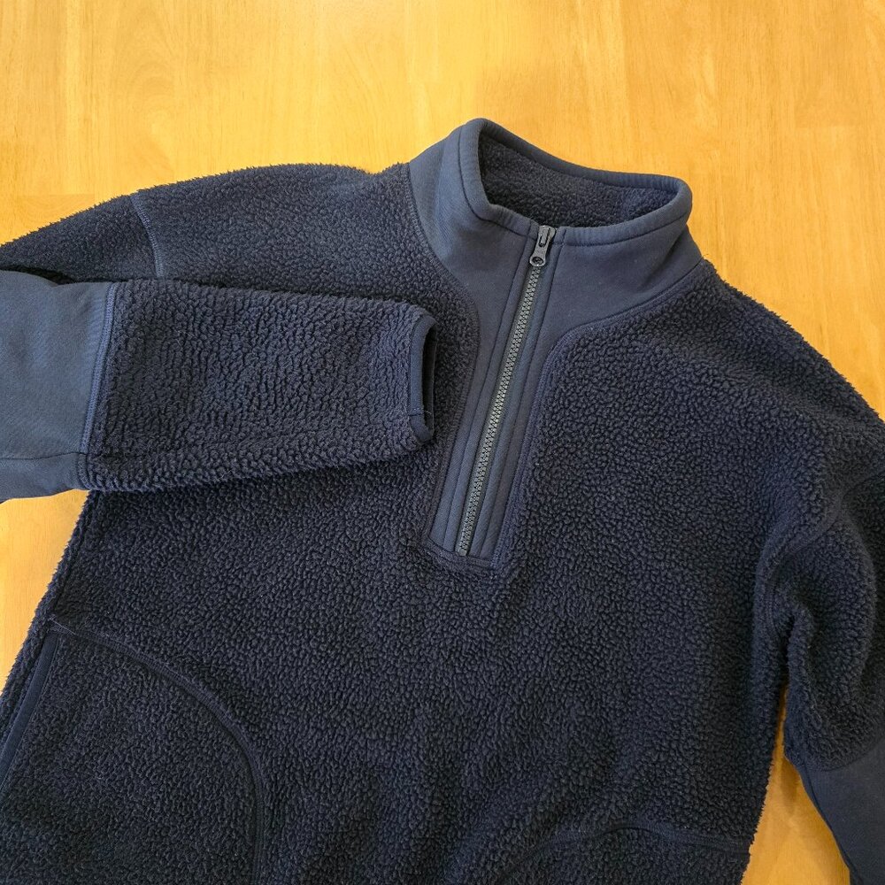 T by Talbots 1/4 Zip Sherpa Fleece Pullover‎ Jacket Reinforced Elbows Navy Sz S